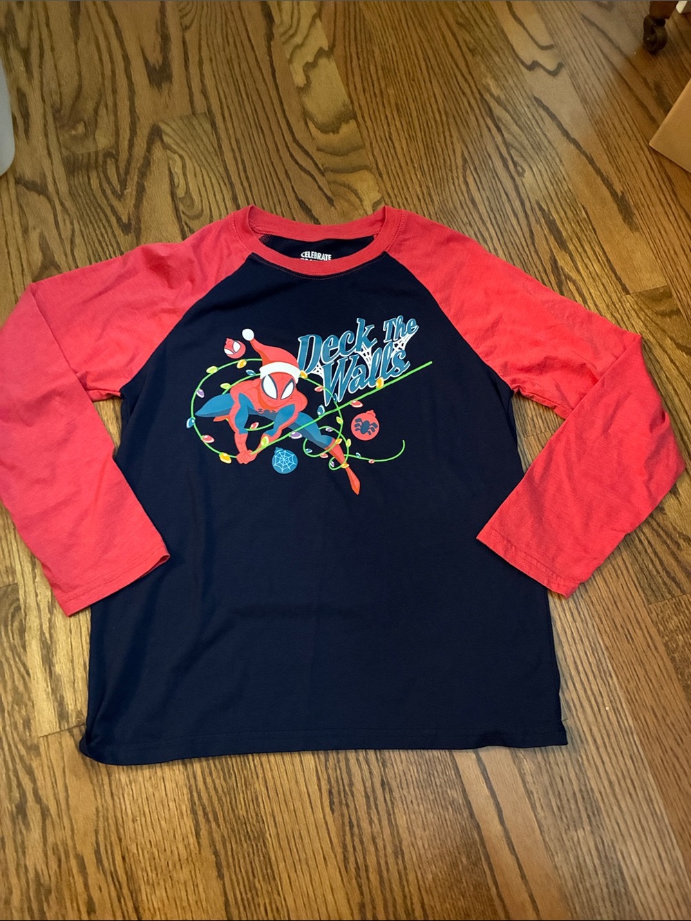 Spider-Man Kids Medium Raglan holiday long sleeve tee shirt navy blue & red